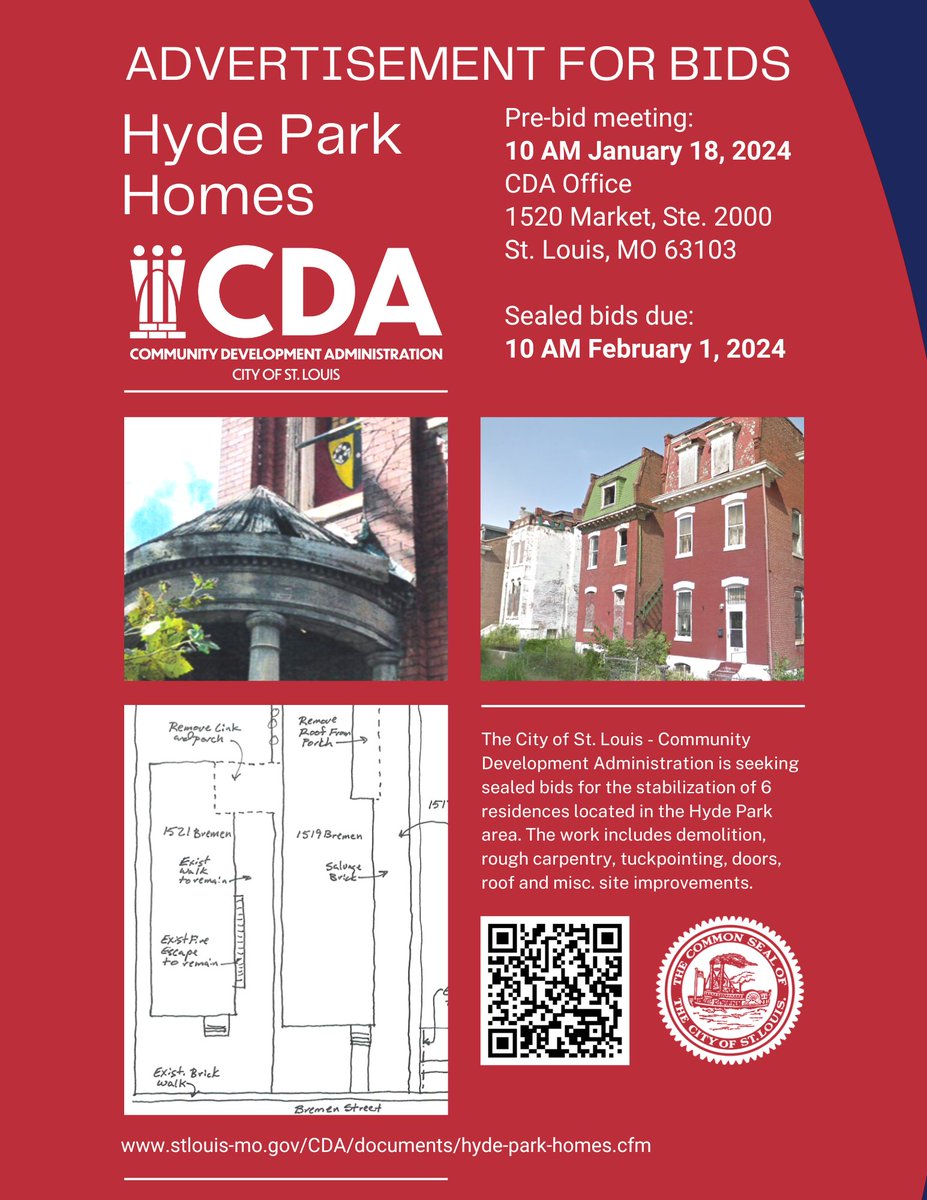 🏡@STL_CDA is on the lookout for bids to revamp 6 Hyde Park residences! 🔨 Demolition, carpentry, tuckpointing, doors, roof, and more! 🚧 Join the Pre-bid meeting on Thursday, Jan. 18, 2024, 10AM. Let's build together! Info: stlouis-mo.gov/CDA/documents/…

<a href="/STLCityGov/">City of St. Louis</a> #STL #CDAfunded