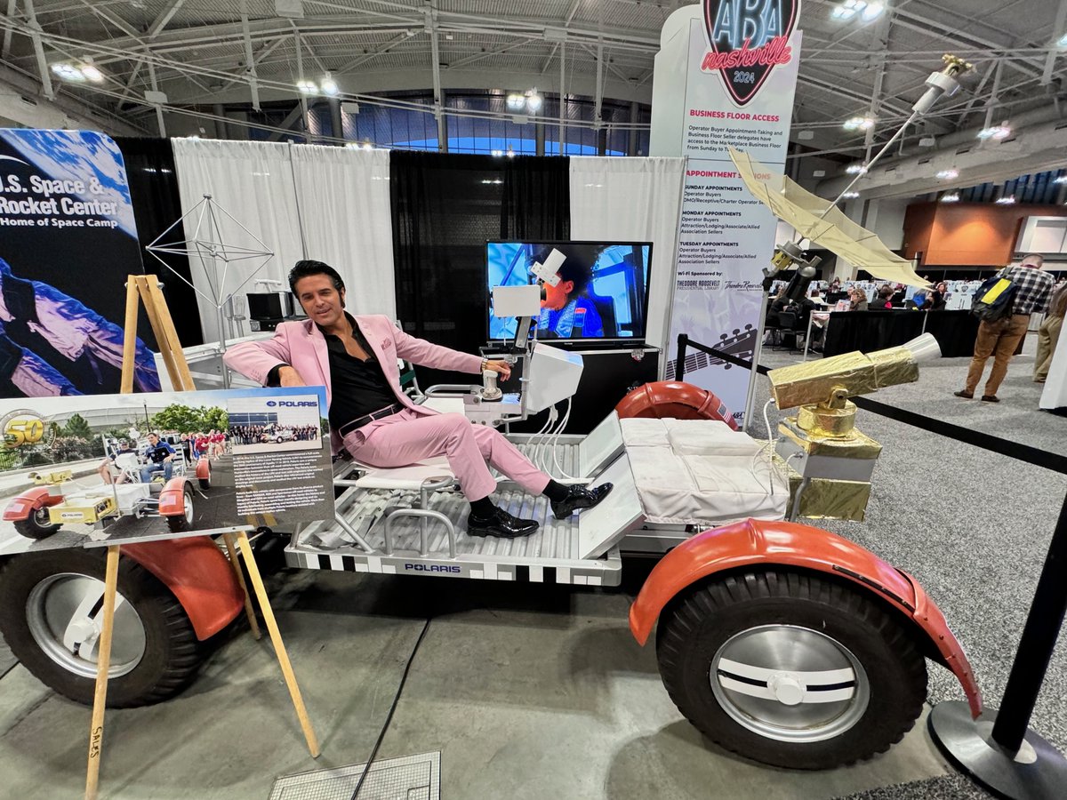 RocketCenterUSA's tweet photo. We had a lot of shaking going on at the American Bus Association Marketplace 2024 in Nashville. All kinds of fun guests came by to check out our lunar rover. #ABAmarketplace https://t.co/Pc2jgjB15F