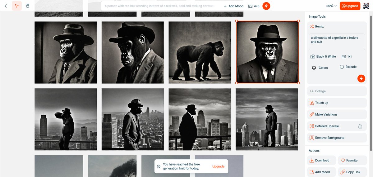 jdhmakes's tweet photo. January 16 Silhouettes #januaryaichallenge
#visualelectric had troubles, but Dall-e did okay.
PROMPT: a silhouette photo of a gorilla in a fedora and suit, looking at a cityscape https://t.co/OQfMyf4qRx