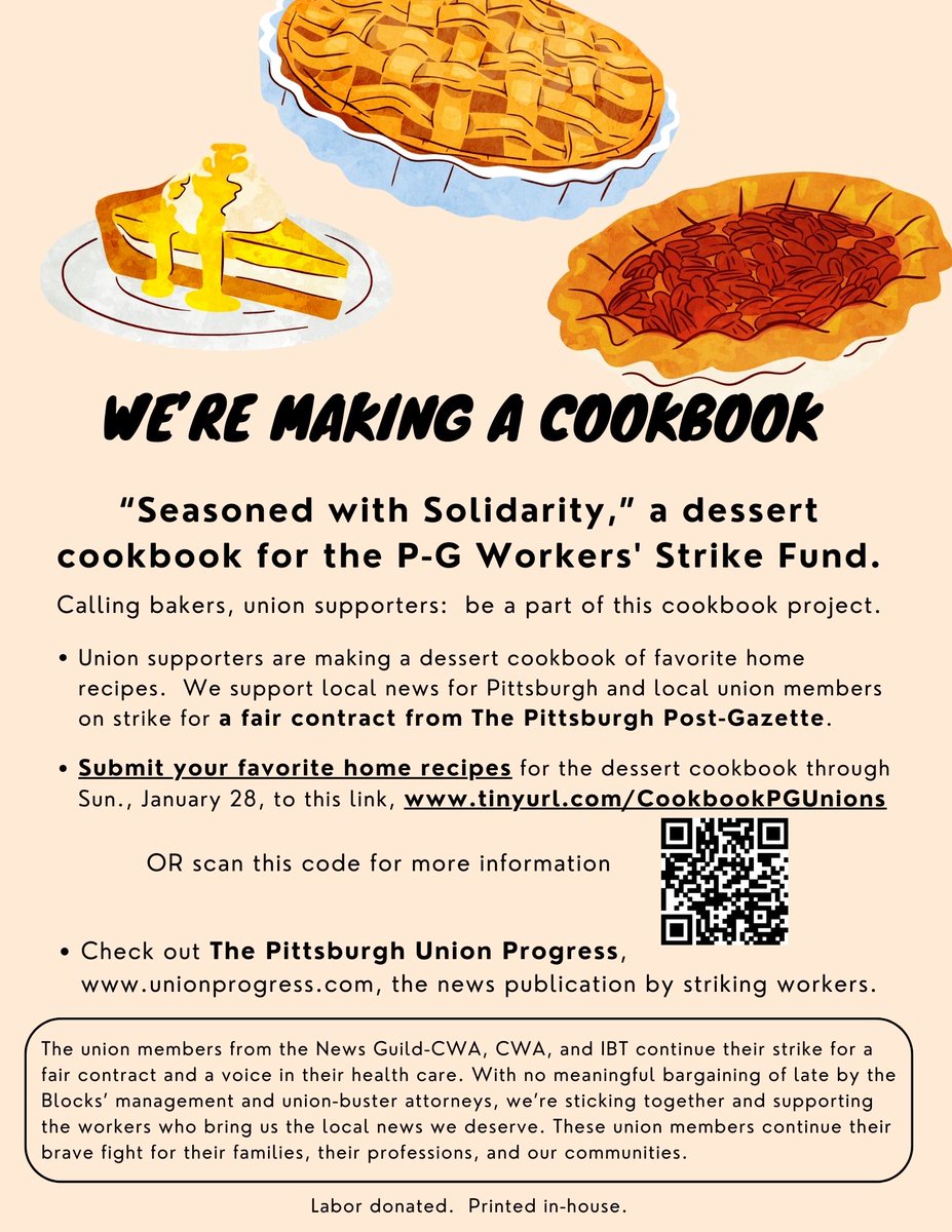 What's cookin'? Your dessert recipe will be a hit in the forthcoming union supporters' cookbook, supporting the P-G workers' strike fund. Send your recipe, or attribute one to a family member/source. With 🫶 from union supporters & news readers. #itsbetterinaunion Cookbook.