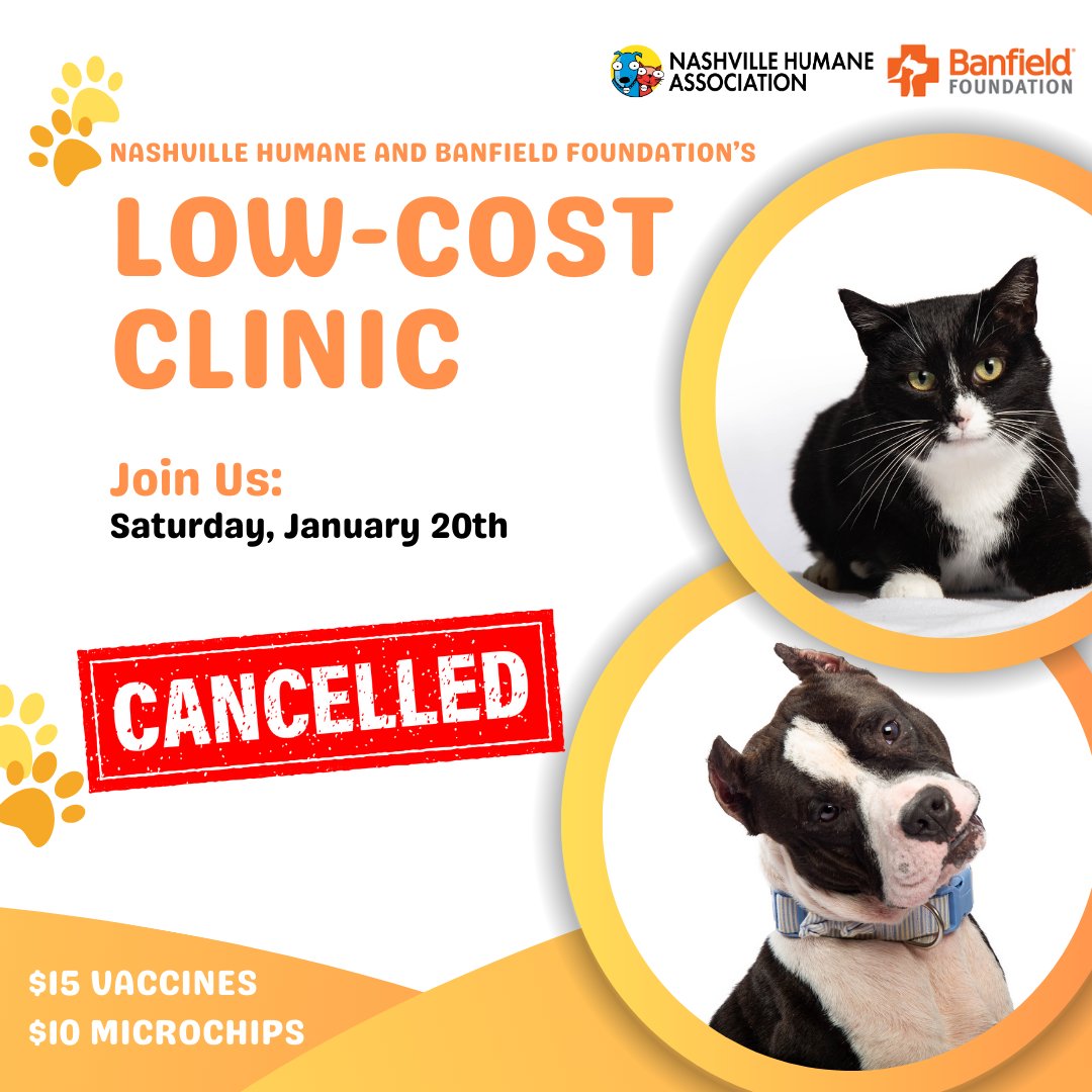 Low-Cost Clinic Cancelled ‼️ Due to the low temperatures expected Saturday, our team has decided it is not safe for animals or staff to be outside at our Low-Cost Clinic. Our top priority is always the health and safety of animals at our shelter and in the community.🏥