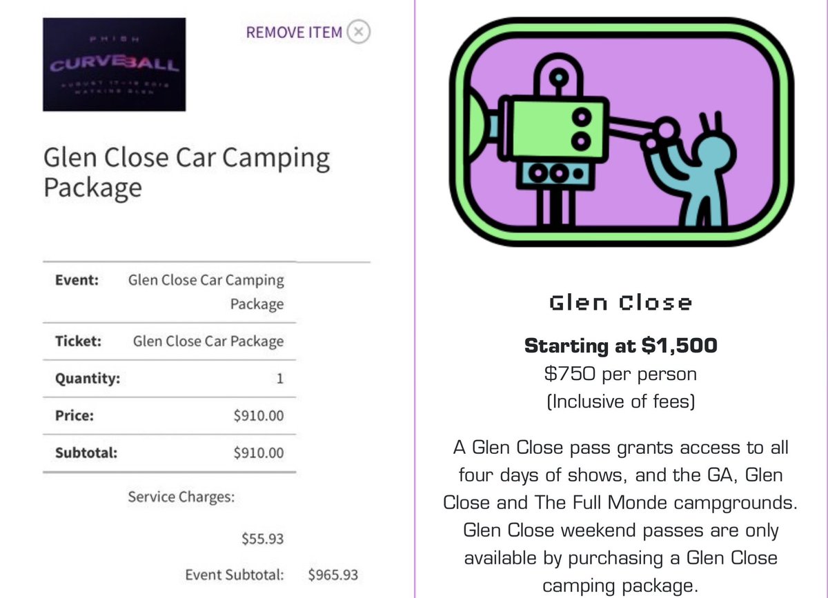 Mondegreen’s Glen Close, with an extra day of music, costs about as much as Curveball (NOTE: there was an option to add someone to your car for $425 with fees)