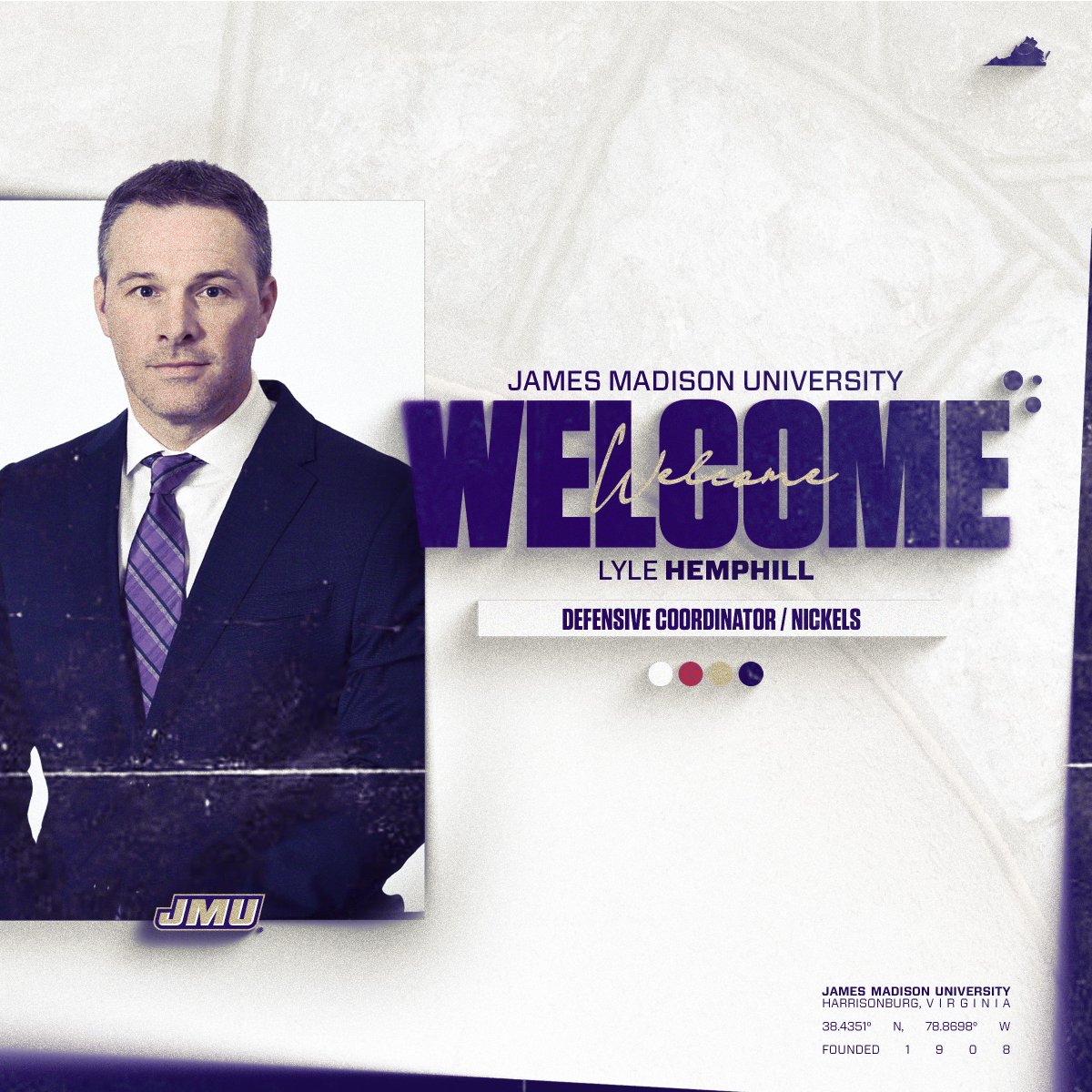 JMU Football (@jmufootball) on Twitter photo Let's meet Lyle Hemphill, JMU's new defensive coordinator and nickels coach!
#GoDukes | <a href="/coachhemp/">Lyle Hemphill</a> Let's meet Lyle Hemphill, JMU's new defensive coordinator and nickels coach!
#GoDukes | <a href="/coachhemp/">Lyle Hemphill</a>
