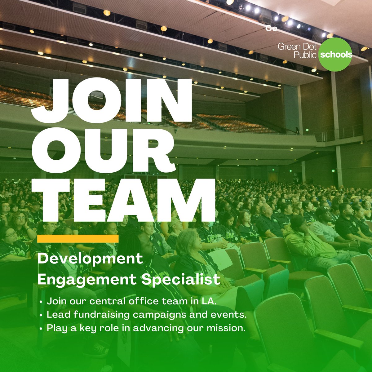 Dedicated to transforming public education in Los Angeles, Green Dot Public Schools California serves over 10,000 students. 

We are hiring a Development Engagement Specialist to join our Development team! 
 
Learn more and apply: bit.ly/4236ZNt