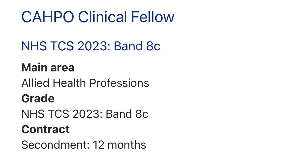 🚨#AHP Job Alert It’s here, the annual advert for… 📑Clinical Fellow to the Chief AHP Officer @NHSEngland 📑AfC 8c, 37.5hrs pw 📆1 year fixed term from 1 April 2024 ⏰Applications close 30.1.24 👀👉 england.nhs.uk/about/working-… @WeAHPs