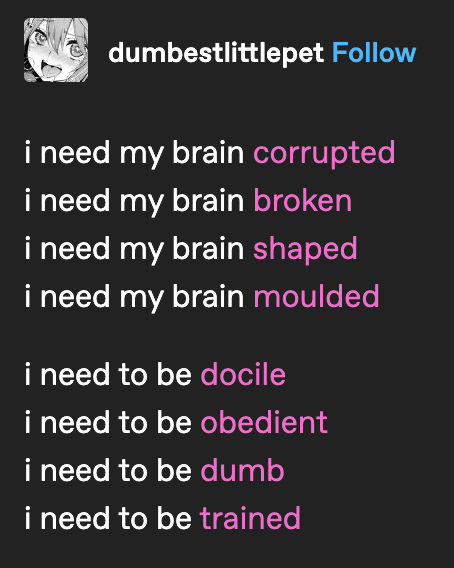 HypTrance's tweet photo. I know way to many guys on here who relate to these sentiments lol. Who's going to be the dumbest little pet on here and have their brains go through all of these? I'm sure your cute dumb hardons leaking will be enough of an answer for you horny little subs. https://t.co/Wg9mpQR7sw