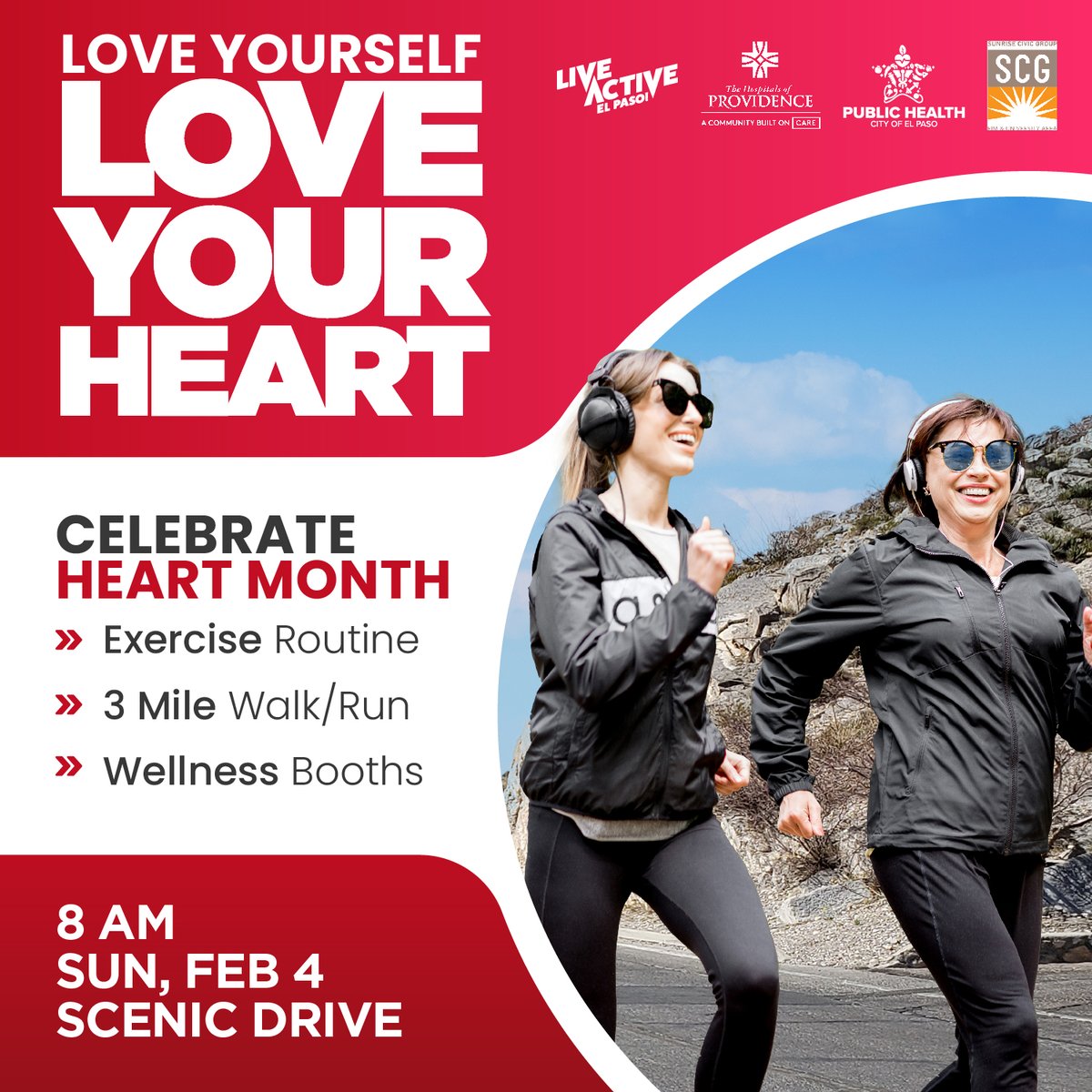ElPasoTXGov's tweet photo. Take care of yourself by taking care of your heart! β€ Join us as we honor American Heart Month with a 3-mile walk/run beginning with an exercise routine at 8 a.m. on Sunday, February 4 at Scenic Drive! Get your running shoes - we'll see you there!ππββοΈπΆ#LiveActiveElPaso https://t.co/my4BsdGira