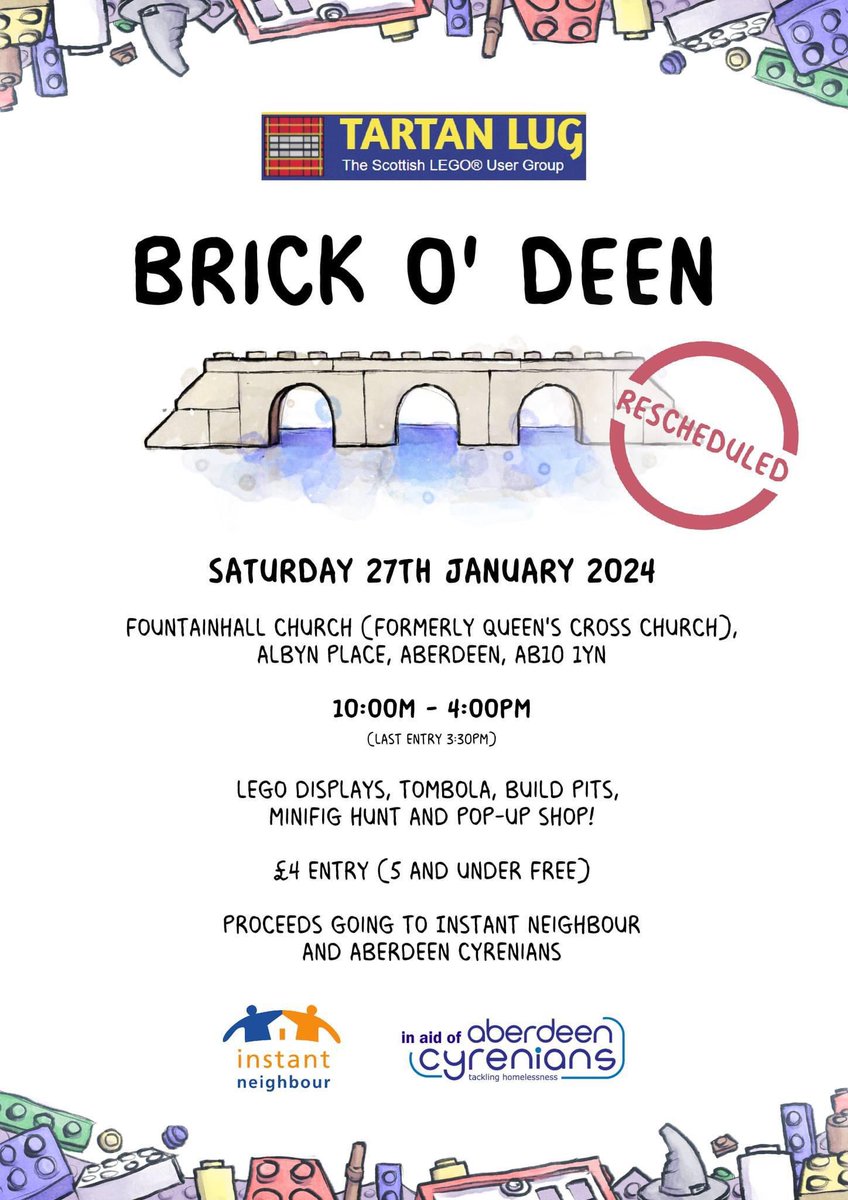 TartanLUG's tweet photo. ❄️Brick o' Deen 2023 was sadly postponed due to bad weather last year, but it’s now here on the 27th of January 2024!
👨👩👧👦Proceeds are going to two local charities, @InstNeighbour and @Abdn_Cyrenians respectively.
🧡We hope to see you there!
#TartanLUG #LegoUserGroup #AFOL #LEGO https://t.co/QWQvbFntHL