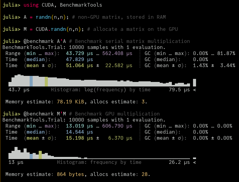 just_cameron's tweet photo. I don't think people realize how incredibly easy GPU use in Julia is. If you've ever done any kind of raw GPU stuff you know that there's lots of garbage with your CUDA install and other annoying little issues. This is literally all you have to do @JuliaLanguage #gpu https://t.co/8HwvhnXoPB