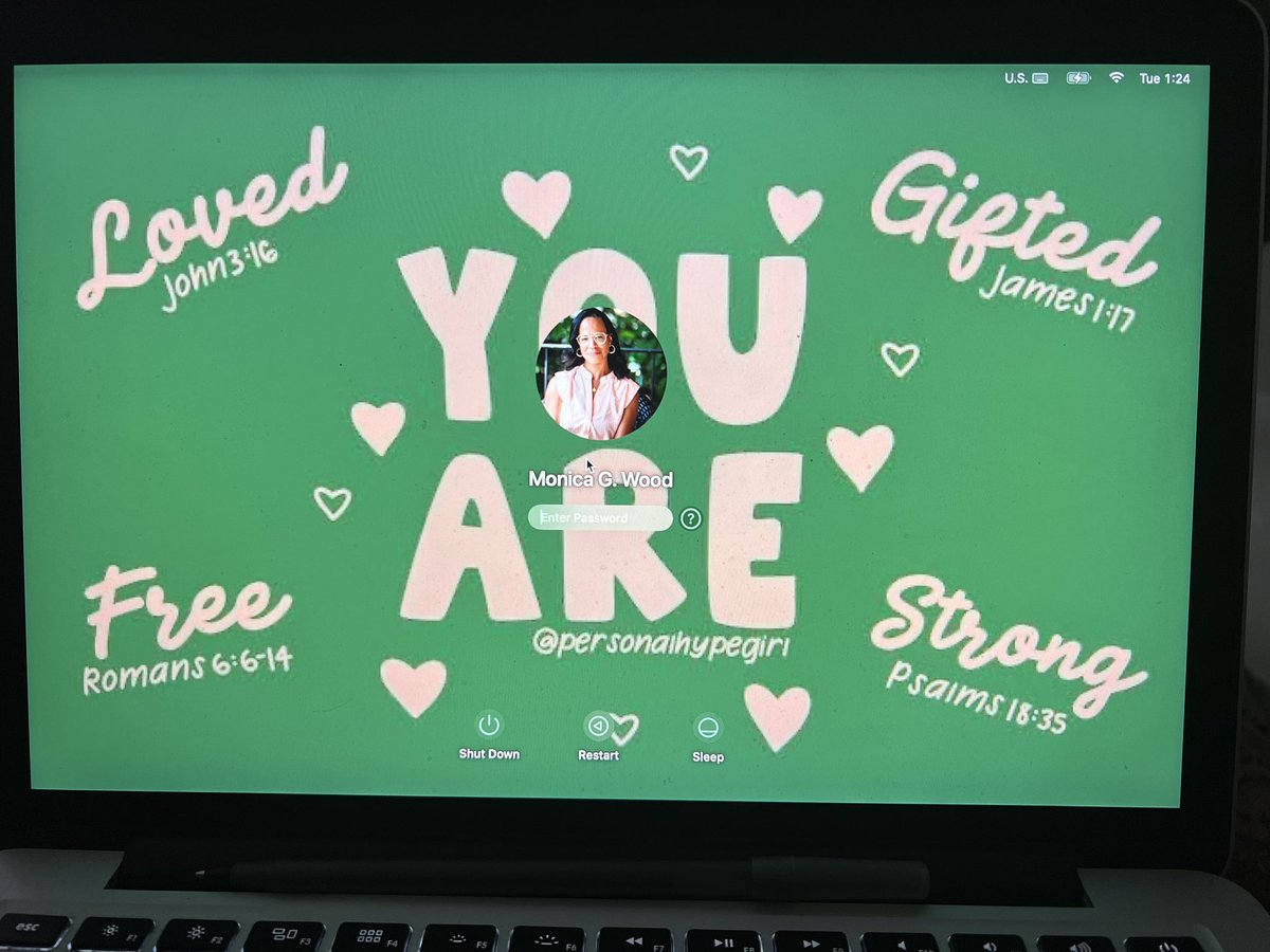 Every time I open my laptop 💻 I remind myself who I am. It gives me my daily #souldeepmoment
I AM
Loved: John 3:16
Gifted: James 1:17
Free: Romans 6:6-14
Strong: Psalms 18:35
And I’ll add my personal branding one:
Beauty: 1 Corinthians 6:19-20 <a href="/HizTemple/">HizTemple LLC (HT)</a> 
🖼️ by #personalhypegirl