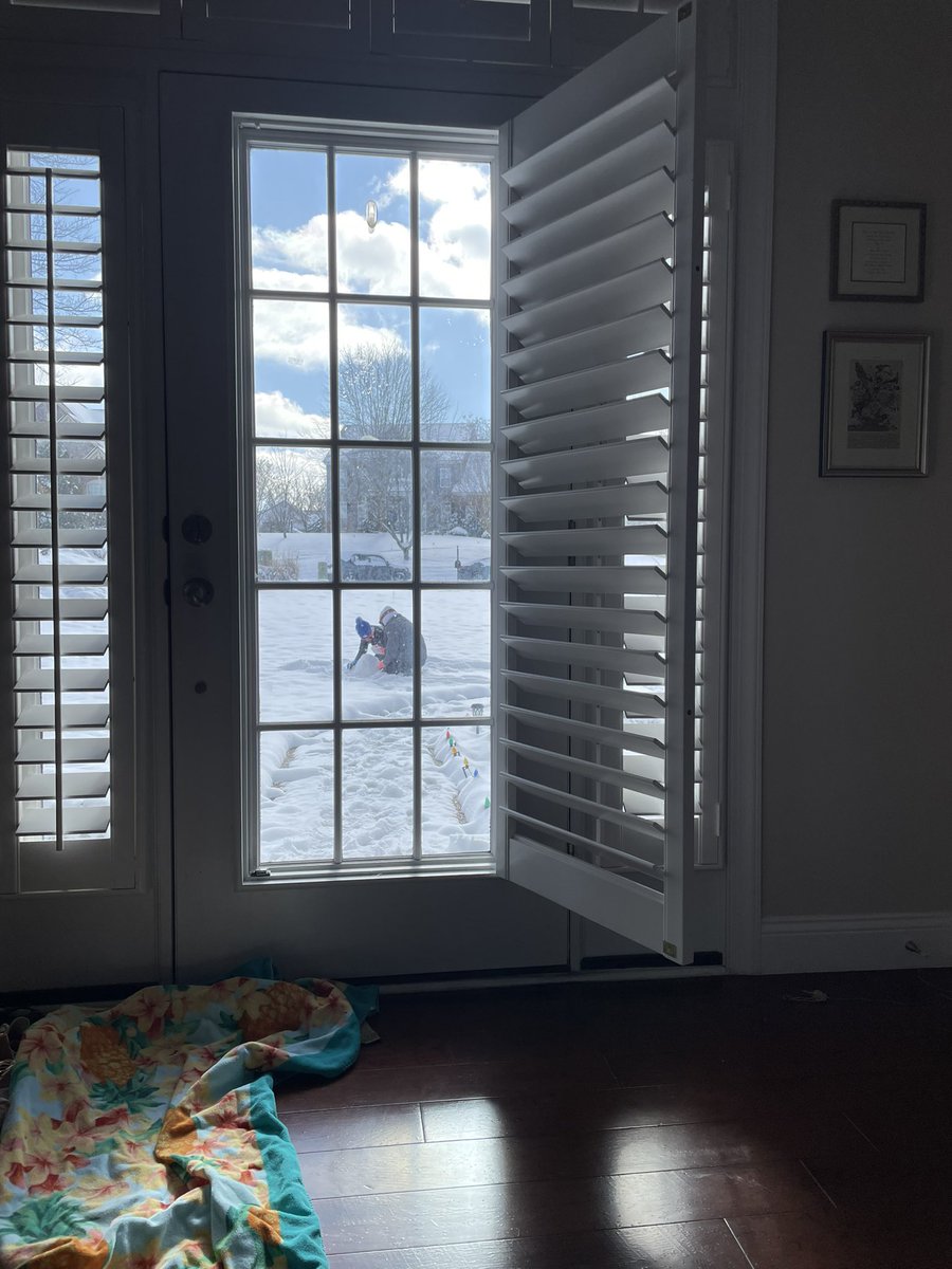 EicosanoidCore's tweet photo. Had to move my “office” to the hall today so I can watch the magic of a snowman or snow fort (or both) being built.  #snowday #phdlife https://t.co/TwKCKTkQil