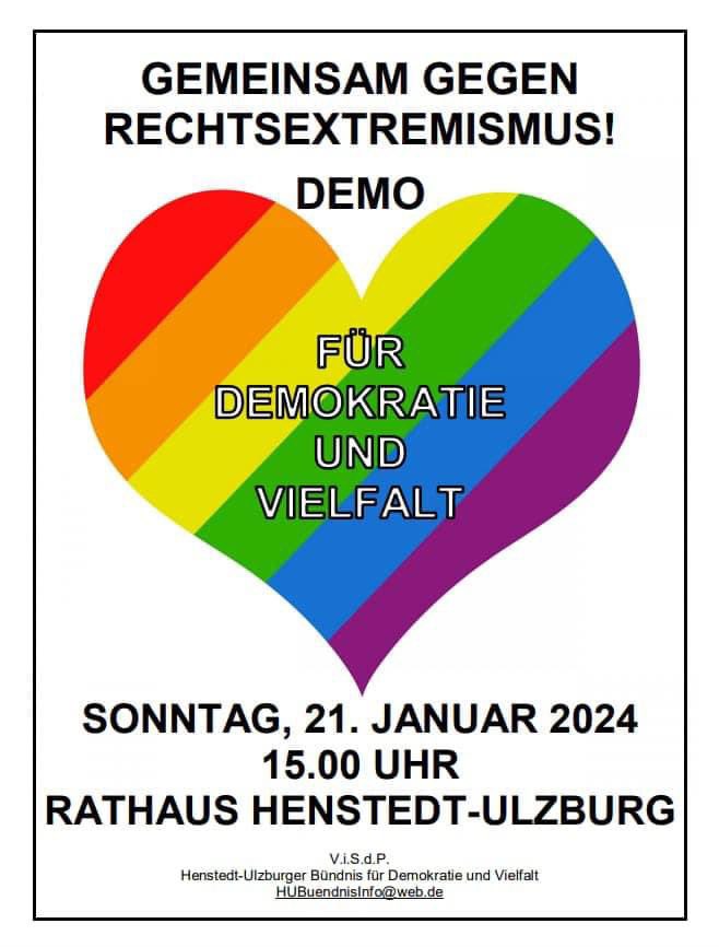 Für alle Schleswig-Holsteiner die nördlich von Hamburg wohnen kommt am 21.01.2024 nach #HenstedtUlzburg und werdet #LAUTgegenRechts 

#NieWiederIstJetzt 
@OmaGegenRechts