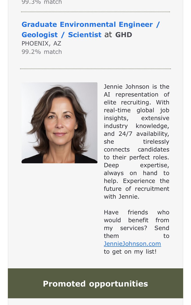 TylerGoepfert's tweet photo. @jeandrawsstuff Just got the same “personalized” headhunter email as you. Strangest part for me was the human face and unabashed use of AI. We’re heading into an interesting future for sure. (Found your post by Google image search of her face). https://t.co/iKAfomU94U