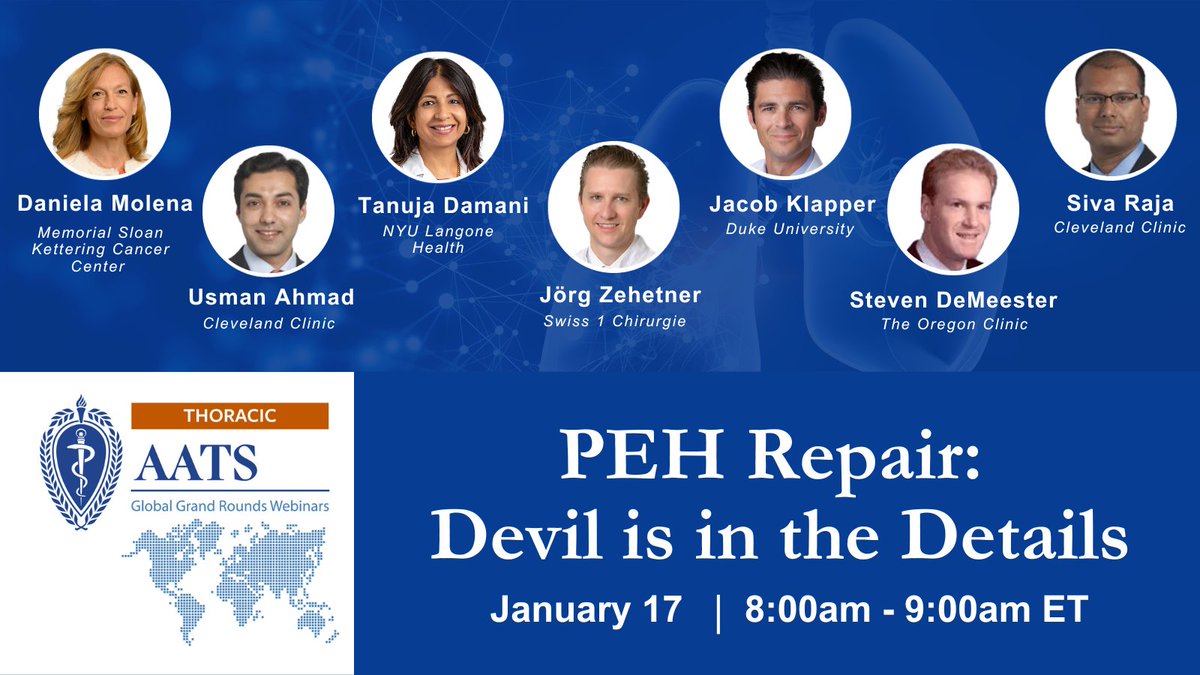 AATSHQ's tweet photo. Join us Wednesday, 1/17 at 8am ET for our first 2024 live webinar focusing on paraesophageal hernia repair. Topics include hernia reduction &amp; esophageal length, collis lengthening, &amp; closing the crus, discussed by 7 leading surgeons. Register: https://t.co/KdC097e9I2 https://t.co/5y9pxMOipX