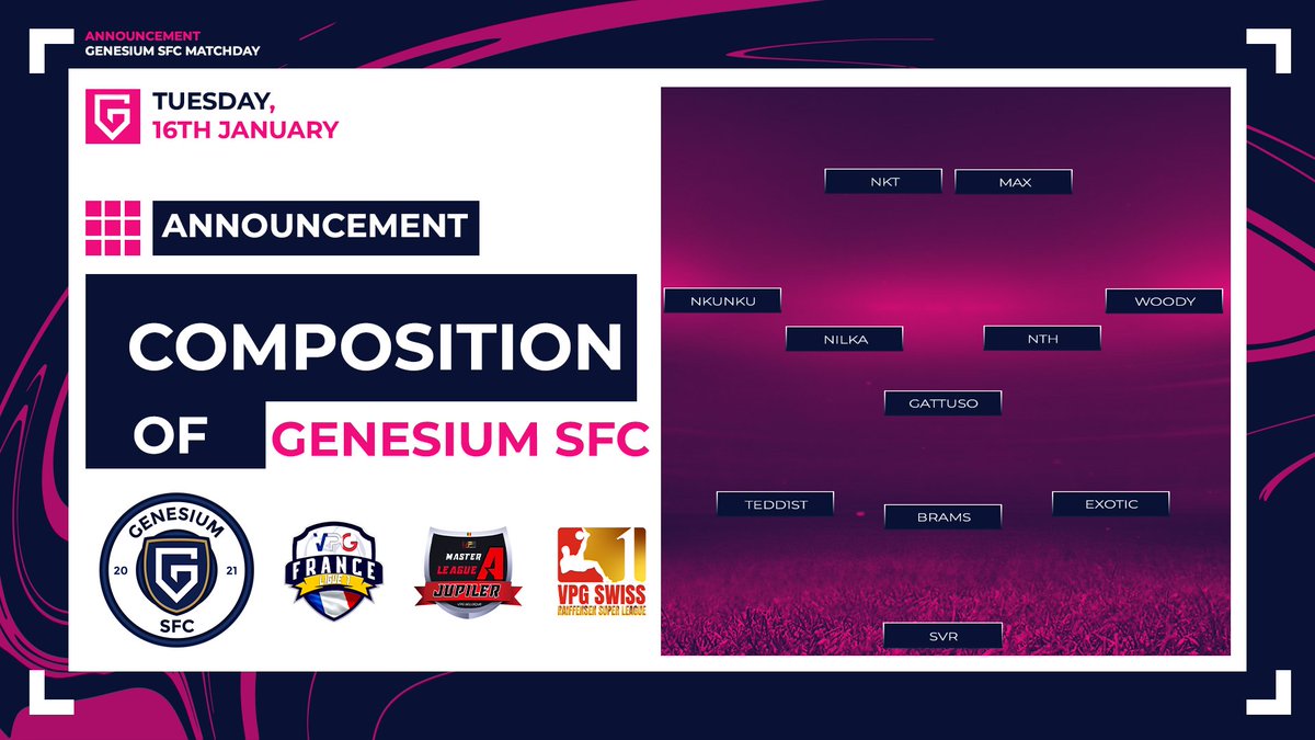 𝐌𝐀𝐓𝐂𝐇𝐃𝐀𝐘 ⚽️

🗓️ 16.01

🏆 <a href="/VPGFrance_/">VPG France</a> • Ligue 1 🇫🇷
🆚 <a href="/LWG_CP/">LWG CP</a>

🏆 <a href="/belgique_vpg/">VPG BELGIQUE 🇧🇪</a> • Jupiler Pro A 🇧🇪
🆚 <a href="/LWG_CP/">LWG CP</a>

🏆 <a href="/SwissVPG/">VPG Switzerland 🇨🇭</a> • Raiffeisen L. 🇨🇭
🆚 <a href="/FCVB_eSport_CP/">FCVB eSport Club Pro</a> 
🆚 <a href="/MhscPro/">MONTPELLIER HSC PRO CLUB</a> 

📋 3-1-4-2

🎙️ 21H20 • twitch.tv/losdahaloprocl…

<a href="/TeamGenesium/">Genesium</a> #WhereItBegins 👾