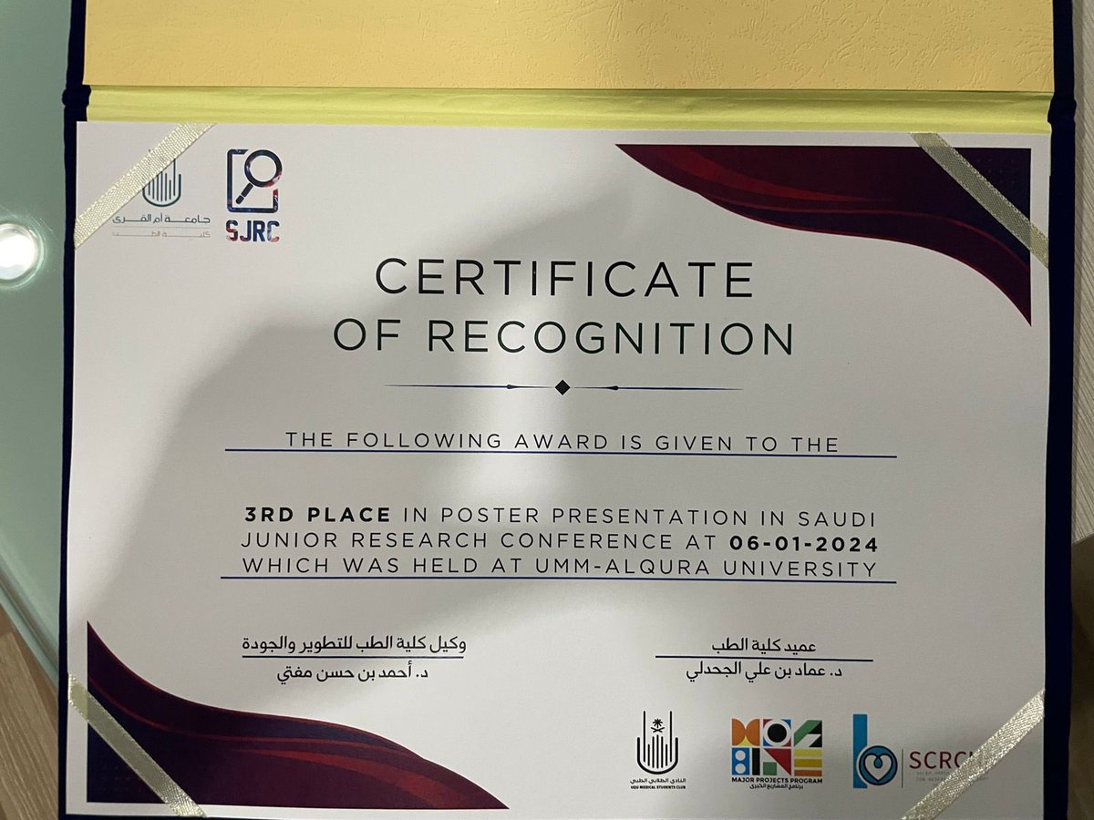 UQUMED40's tweet photo. Big congratulations to Abdulaziz Munshi, a standout student from our Batch 40, for securing the 3rd place in the poster presentation at the Saudi Junior Research Conference (SJRC) at Umm Al-Qura University! 🎉
Well done on this remarkable achievement! 

 #SJRC 

@Superezzo3 👏 https://t.co/3G5iNwHP75