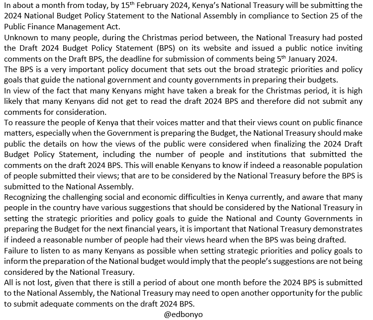 edbonyo's tweet photo. @KeTreasury as the 2024 Budget Policy Statement is being finalized, make public the details on how the views of the public have been considered. @IBPKenya @ipf_global @IEAKenya @ICPAK @MTotoNews @WorldVisionKE @thekhrc https://t.co/YeWC90HSYS