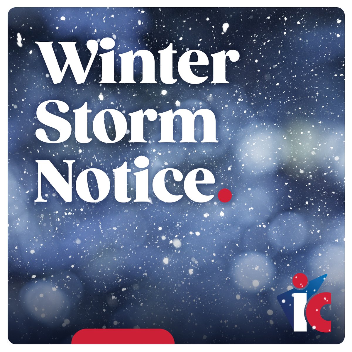 ICCreditUnion's tweet photo. Winter Storm Alert: For the safety of our members and team, all IC locations will be closing early on January 16, 2024 at 3:00pm. Remember that you can do most of your banking remotely using Online or Mobile Banking. If you do have to travel, please drive safely! https://t.co/Jj9HnO5qn4