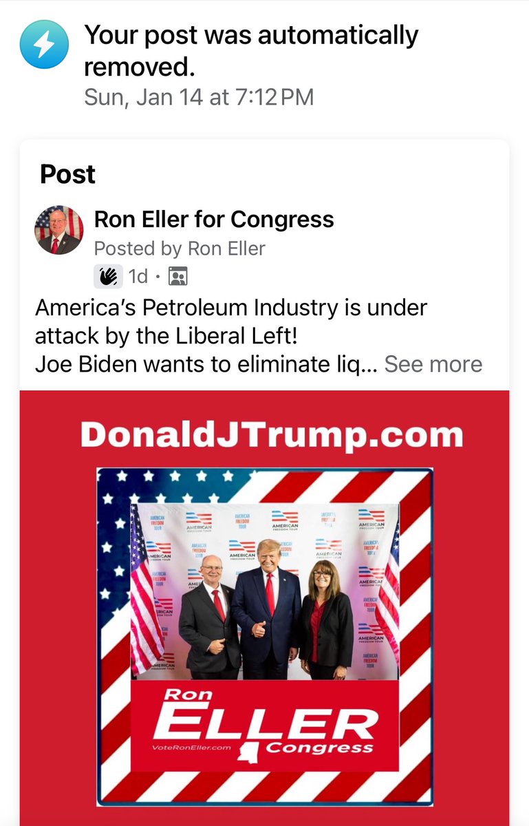 VoteRon's tweet photo. Censorship at its best, META AKA Facebook has removed my endorsement post of President Trump from a community page. They said my endorsement was upsetting!
#Censorship #Trump #Trump47 #VoteRonEller #RonEllerForCongress https://t.co/Ki5Vca45Uw
