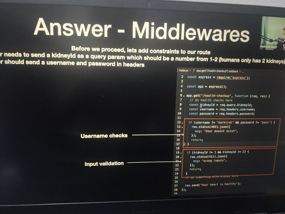 Aaronvern11's tweet image. Day 11 : 
Back on track. 
Learnt a lot of new stuff today.  
It was pretty interesting. 
- middlewares 
- authentication
-global catches 
- zod 
It was a lot . 
Will go through everything once again tomorrow. 
COVID example was 👌👌 XD @kirat_tw 🙌🙌. 
#151daysofcode