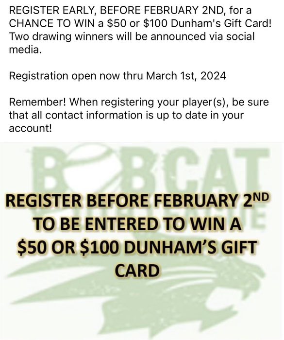 BYLBobcat's tweet photo. Registrations open. Get signed up early for a chance to win some gift cards before the season starts !! https://t.co/Zoxuyf4mPe