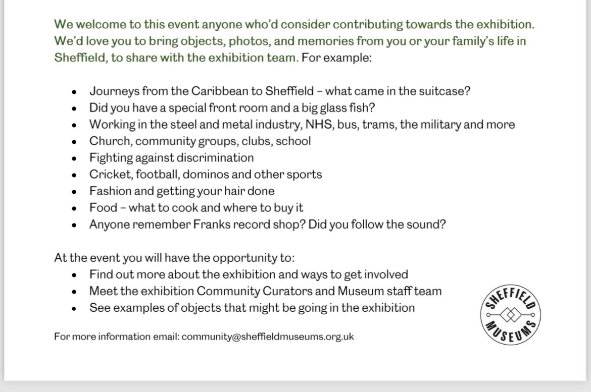 adiraorguk's tweet photo. Sheffield Museum is working with African Caribbean community curators on an exhibition at Weston Park Museum opening in May 2024. You can bring objects and photos from you or your family’s life in Sheffield, to share with the exhibition team 😊

#Museum #Memories #Sheffield https://t.co/Psdg3Fy48x