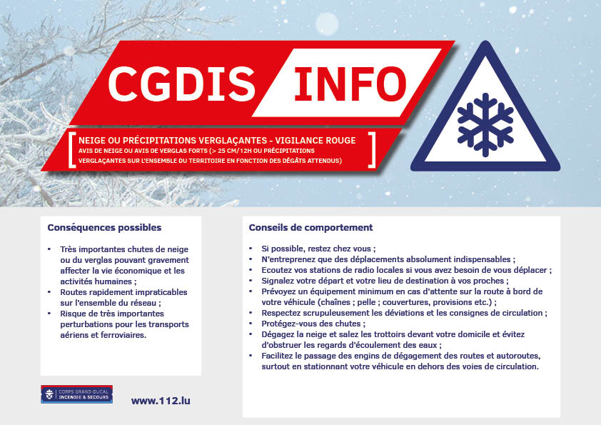 CGDISlux's tweet photo. [vigilance rouge neige et verglas] pour le mercredi 17 janvier à partir de 6h00 sur l'ensemble du Luxembourg. Merci de suivre les conseils de comportement et de vous renseigner sur l’évolution de la situation auprès des sources officielles. https://t.co/NDxEipCzHB https://t.co/RFJfQWvh8e