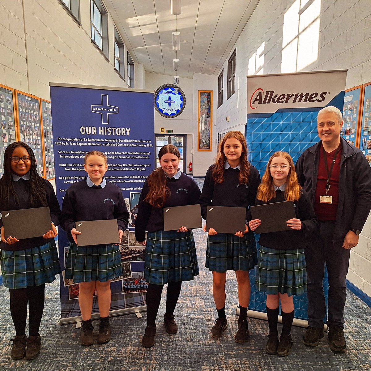 OLBAthlone's tweet photo. Thanks to Padraig Giles @Alkermes Athlone for gifting @OLBAthlone five laptops as part of their support in enhancing STEM in local schools👩💻👷♀️💻 Students pictured (l-r)Elizabeth Aigbokhan, Sarah Nally, Kellie McLoughlin, Mariah McSharry & Kate Meaney. #grateful #stem #alkermes https://t.co/Bj89d2OOIm
