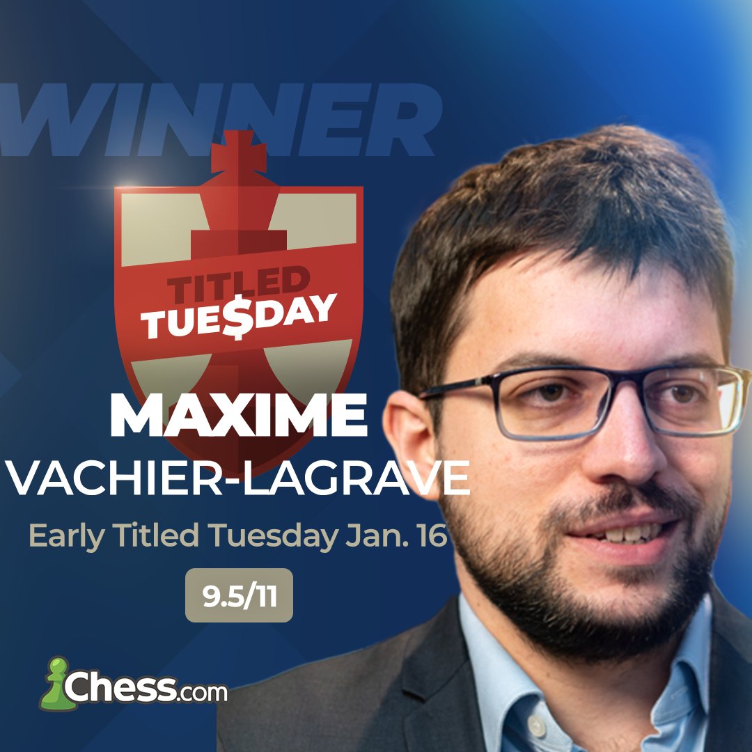 🏆 It's @Vachier_Lagrave who comes out on top of a five-way tie on 9.5 points in the early #TitledTuesday! Congratulations! 👏 🎉