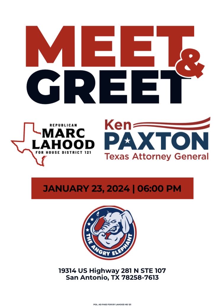 nytxnn's tweet photo. I am so excited for this event! AG @KenPaxtonTX will be in #SATX w/ @LaHood4Texas at the #AngryElephant Come join in! #txlege #txgop #SREC #SD25 https://t.co/pl23gfuT7S