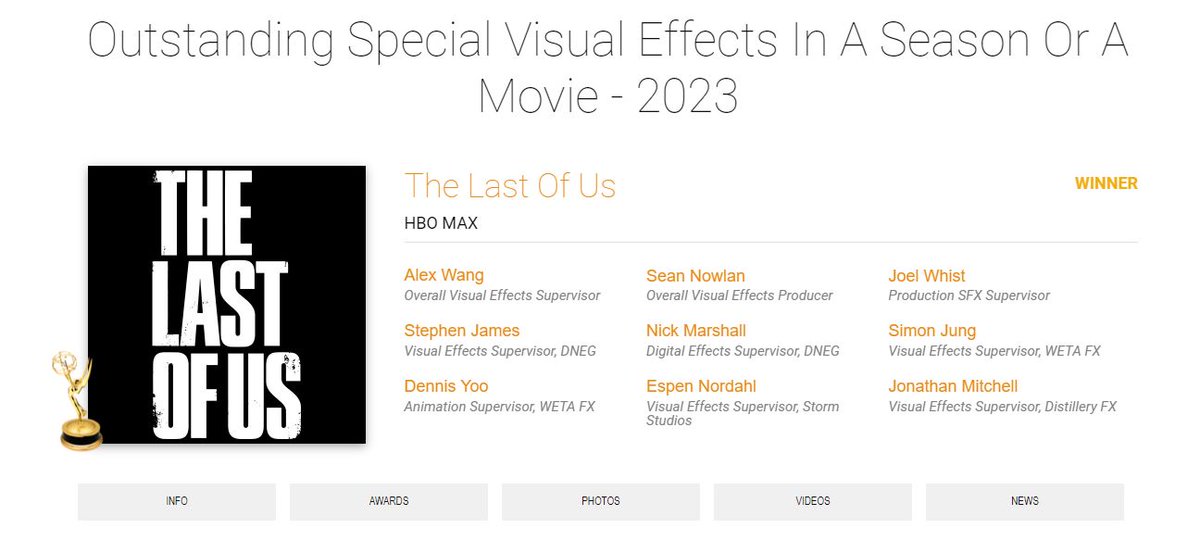 Congrats to "The Last of Us" VFX team and #HBOmax for your #Emmy win! Incredible job! #VFX #TheLastOfUs