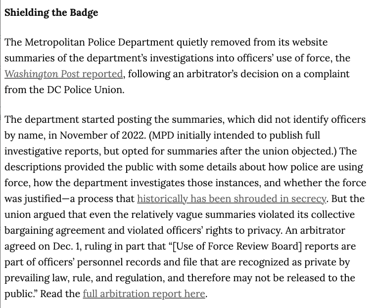 .<a href="/DCPoliceUnion/">DC Police Union</a> successfully challenges even the slightest effort by <a href="/DCPoliceDept/">DC Police Department</a> to be transparent about officers' uses of force. Read the arbitrator's full decision at a link in today's newsletter:

washingtoncitypaper.com/article/659579…