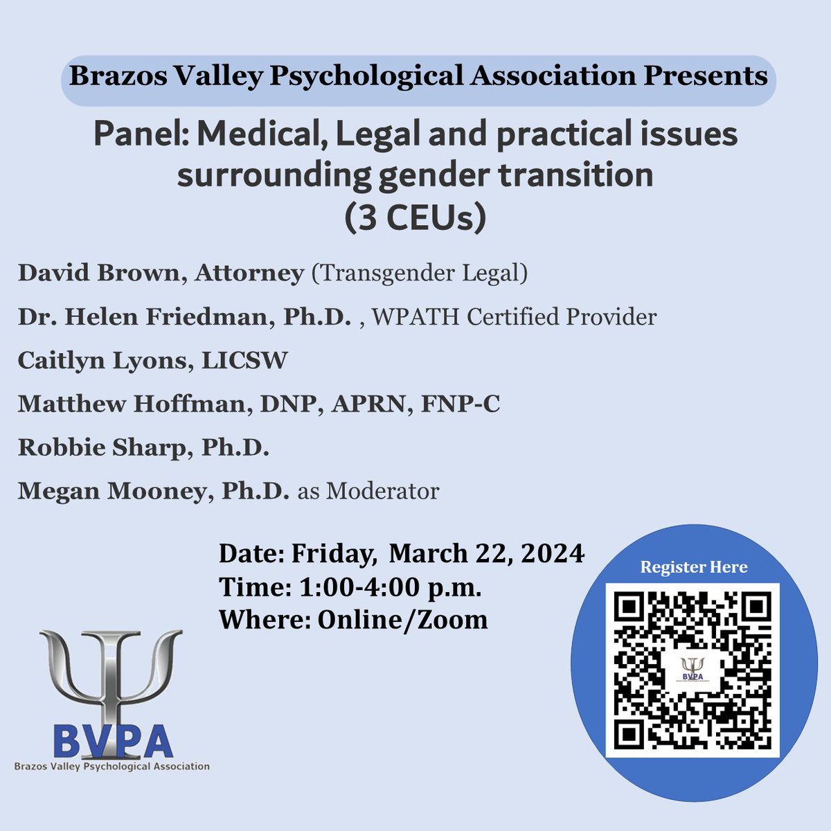 Join us for a #paneldiscussion on the #medical #Legal and practical issues surrounding #gendertransition #bvpa #tpa #apa #tamft #aamft #lpc #lcsw #phd #lmft #genderissues #LGBTQIA #gay #transgender #seuxalidentity #transitioning #continuingeducation #virtualtraining #ceu #texas