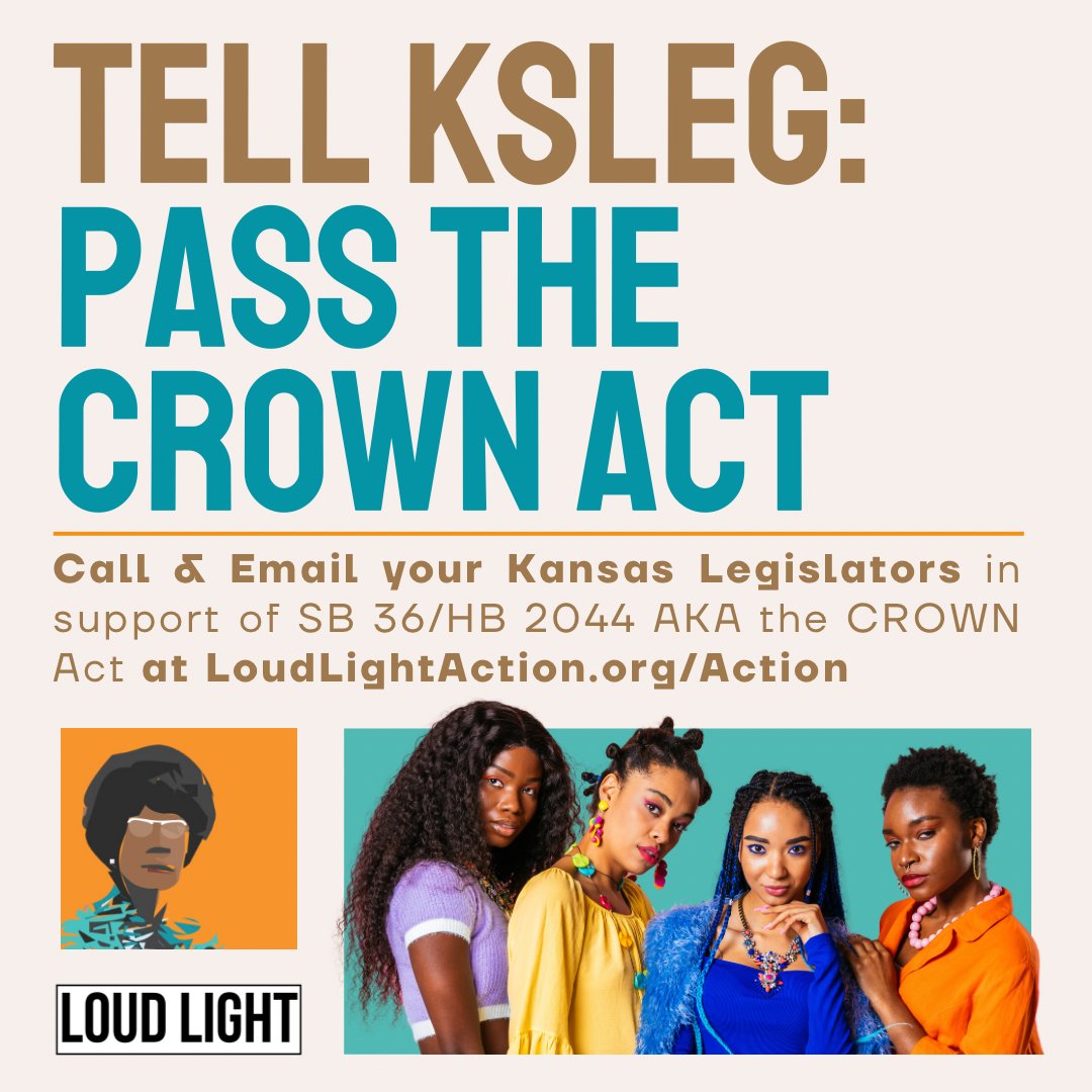 loud_light's tweet photo. 👑Take action to support the CROWN Act in KS!👑

The CROWN Act has already been passed in Lawrence, Atchison, AND Wichita!

🚨It's time to get statewide protections thru #ksleg!
Email your KS Rep &amp; Senator NOW to tell them to support #CROWNActKS at https://t.co/Cl4PjYjUkL! 🚨 https://t.co/s5dzPSKeC1