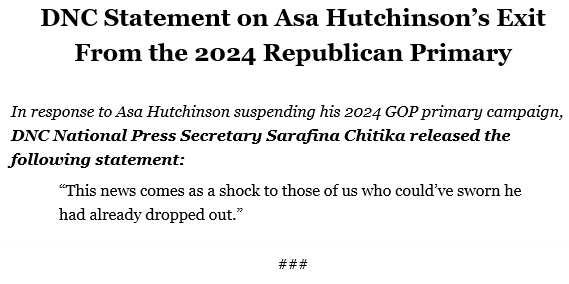 AaronBlake's tweet image. The DNC's (rather gratuitous?) statement on Asa Hutchinson