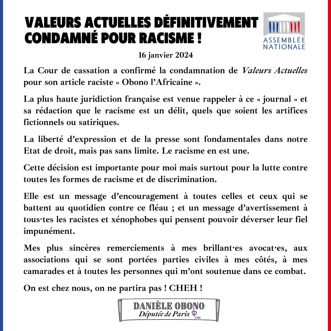 Deputee_Obono's tweet photo. ⚖️Valeurs actuelles définitivement condamné pour racisme ! La liberté d’expression et de la presse sont fondamentales dans notre Etat de droit, mais pas sans limite. Le racisme en est une. Merci à tous·tes pour tout votre soutien. On est chez nous, on ne partira pas ! #CHEH✊🏾😘 https://t.co/uS9rZmWJdF