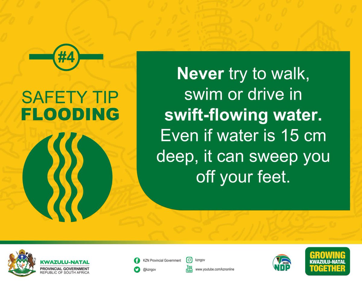 kzngov's tweet photo. ‼️Level 5 Warning Issued for Disruptive Heavy Rains, Disaster Management teams on high alert along the coast ‼️
 
Disaster Management teams are on high alert along the coastal areas of the province following the weather warning that has been issued by the South African Weather Service. 

According to the warning the coastal areas could experience sever flooding of roads and human settlements as a result of the heavy rains which are expected tomorrow 17 January.

The affected areas are the eThekwini Metro and the District's of Ugu, Ilembe King Cetshwayo and Mkhanyakude.

Disaster management teams are on alert and will be monitoring routes that are prone to weather related incidents.

*Expected Impacts:*

*Widespread and disruptive rainfall:* Significant rainfall accumulation is forecast, leading to potential flooding of low-lying areas, roads, and bridges.

*Flash flooding:* Localized flash flooding is possible, posing a threat to informal settlements and communities near rivers and streams.

*Strong winds:* Strong winds could accompany the rainfall, causing damage to infrastructure and trees.

*What to Do:*

*Stay informed:* Regularly monitor weather updates from the SAWS or trust worthy news sources.

*Prepare for flooding:* Clear drainage channels around your property and move valuables to higher ground if necessary.

*Do not cross flooded roads or waterways:* Never attempt to cross flooded roads or swollen rivers and streams.

*Secure loose objects:* Secure outdoor furniture and other objects that could become hazardous in strong winds.

*Be ready to evacuate:* If you live in a low-lying area or near a river, be prepared to evacuate if necessary.

Have an emergency kit on hand: Ensure you have an emergency kit stocked with essential supplies, including food, water, first-aid, and medication.

*Stay safe:* We urge all residents in the affected areas to take precautions and prioritize their safety.

Please follow the instructions of emergency personnel and avoid taking unnecessary risks.

_Issued by the KZN Department of Cooperative Governance and Traditional Affairs_