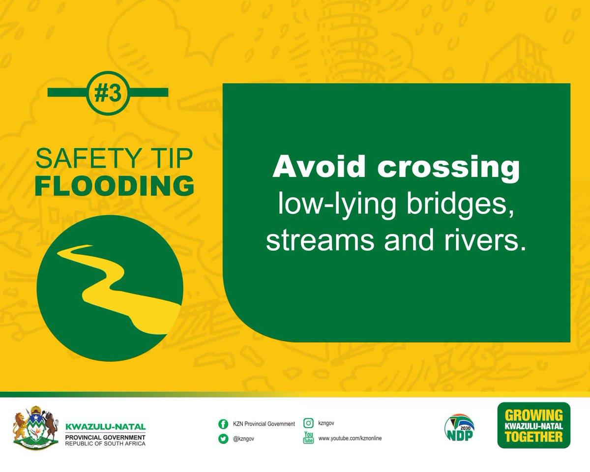 kzngov's tweet photo. ‼️Level 5 Warning Issued for Disruptive Heavy Rains, Disaster Management teams on high alert along the coast ‼️
 
Disaster Management teams are on high alert along the coastal areas of the province following the weather warning that has been issued by the South African Weather Service. 

According to the warning the coastal areas could experience sever flooding of roads and human settlements as a result of the heavy rains which are expected tomorrow 17 January.

The affected areas are the eThekwini Metro and the District's of Ugu, Ilembe King Cetshwayo and Mkhanyakude.

Disaster management teams are on alert and will be monitoring routes that are prone to weather related incidents.

*Expected Impacts:*

*Widespread and disruptive rainfall:* Significant rainfall accumulation is forecast, leading to potential flooding of low-lying areas, roads, and bridges.

*Flash flooding:* Localized flash flooding is possible, posing a threat to informal settlements and communities near rivers and streams.

*Strong winds:* Strong winds could accompany the rainfall, causing damage to infrastructure and trees.

*What to Do:*

*Stay informed:* Regularly monitor weather updates from the SAWS or trust worthy news sources.

*Prepare for flooding:* Clear drainage channels around your property and move valuables to higher ground if necessary.

*Do not cross flooded roads or waterways:* Never attempt to cross flooded roads or swollen rivers and streams.

*Secure loose objects:* Secure outdoor furniture and other objects that could become hazardous in strong winds.

*Be ready to evacuate:* If you live in a low-lying area or near a river, be prepared to evacuate if necessary.

Have an emergency kit on hand: Ensure you have an emergency kit stocked with essential supplies, including food, water, first-aid, and medication.

*Stay safe:* We urge all residents in the affected areas to take precautions and prioritize their safety.

Please follow the instructions of emergency personnel and avoid taking unnecessary risks.

_Issued by the KZN Department of Cooperative Governance and Traditional Affairs_