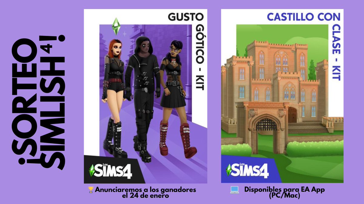 Simlish4's tweet image. 🚨SORTEO🚨⁣
⁣
#Simlish4 te da la oportunidad de ganar una copia de los kits de #LosSims4 #GustoGótico y #CastilloConClase. Sólo debes hacer lo siguiente:⁣
⁣
✅Seguirnos en Twitter⁣
✅Dar RT a este Tweet⁣
✅Comenta qué kit quieres ganar⁣
⁣
Suerte 🍀
