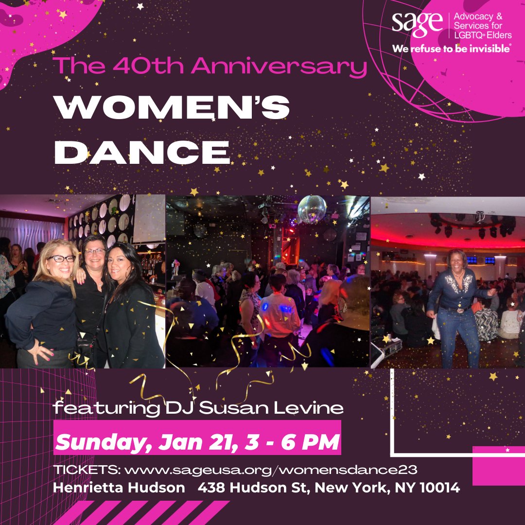 ⚠️ATTENTION⚠️ SAGE's 40th Women's Dance is happening this Sunday 1/21 from 3 - 6 PM. Put on your best dancing shoes and be here and queer!  🌈🪩🕺✨