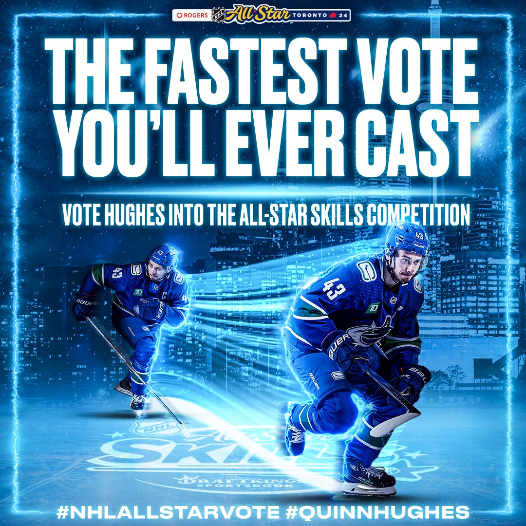 Canucks's tweet image. Cast your vote as fast as Quinn can skate. 💨

Vote Captain Hughes to the #NHLAllStar Skills Competition!

#NHLAllStarVote Quinn Hughes

👉 1 RT = 1 VOTE 👈
Plus, vote at NHL.com/vote.