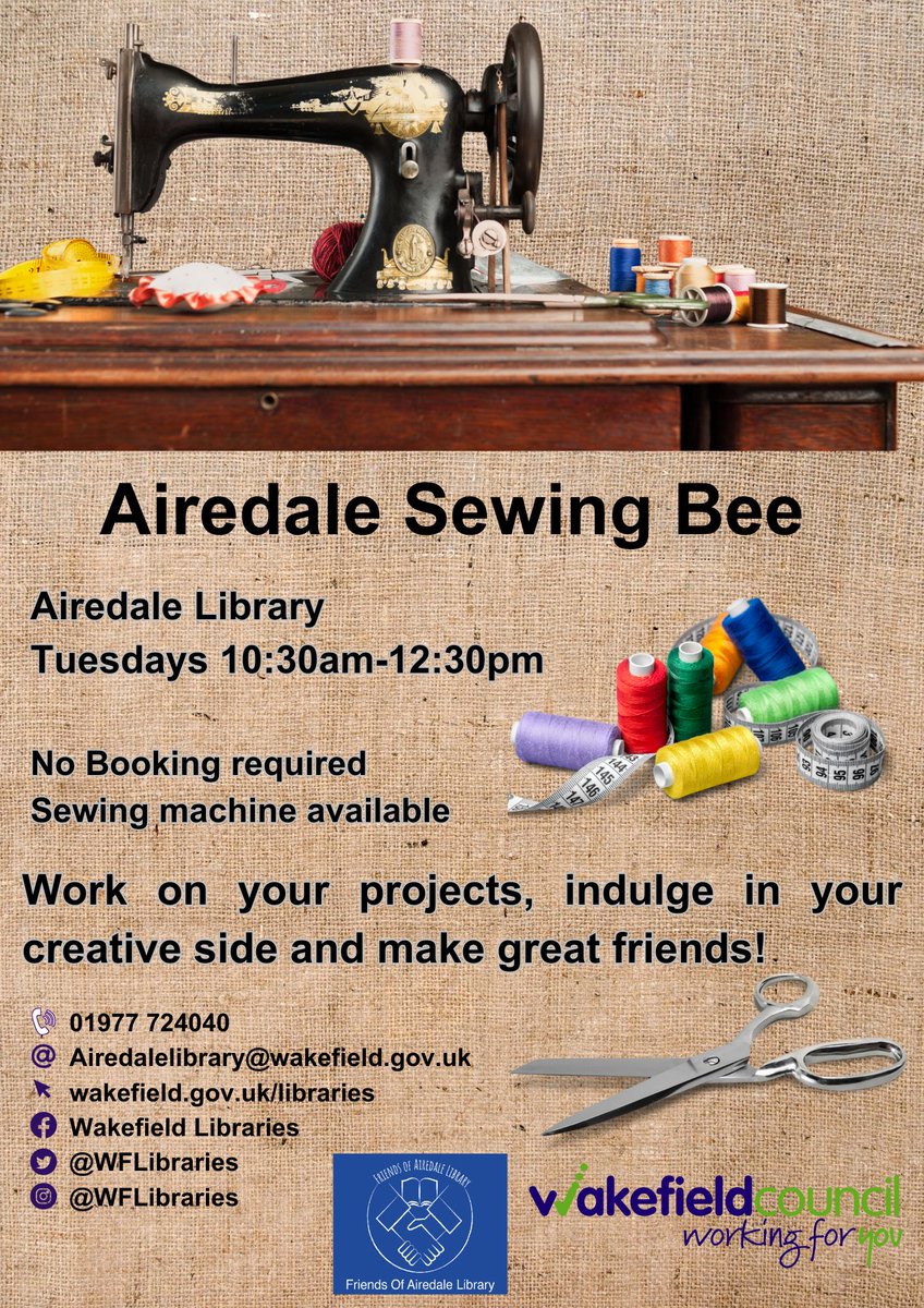 WFlibraries's tweet image. 🧶Join us at #AiredaleLibrary for our weekly Sewing Bee group!
Work on your projects, indulge in your creative side and make great friends!
No booking required, sewing machines available.
📅 Tuesdays ⏰10:30am-12:30pm 📍Airedale Library

#sewing #Airedale #thingstodo
@WFmuseums