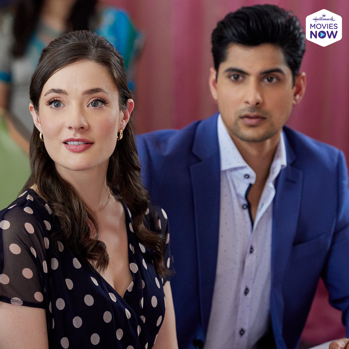 HallmarkPlus's tweet photo. Who knew Indian matchmaking traditions could bring Vivi @EvacBourne and Boom @RushiKota together? Stream #MakeMeAMatch now on #HallmarkMoviesNow! #Hearties https://t.co/IH9LbZ1Qkb