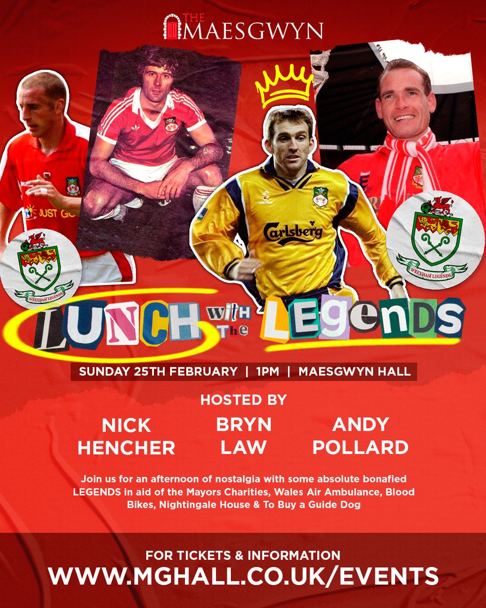 MGWrecsam's tweet photo. 🔴 LUNCH  •  WITH THE  •  LEGENDS 🔴

Join us for Sunday Lunch &amp; a trip down memory lane with the Wrexham Legends...

📆 SUN 25TH FEB
⏰1PM
⭐ 15 LEGENDS CONFIRMED!!

In aid of the Mayors Charities 👏

BOOK NOW ⬇️
https://t.co/6gYdavaVY0 https://t.co/G0R483a7XN
