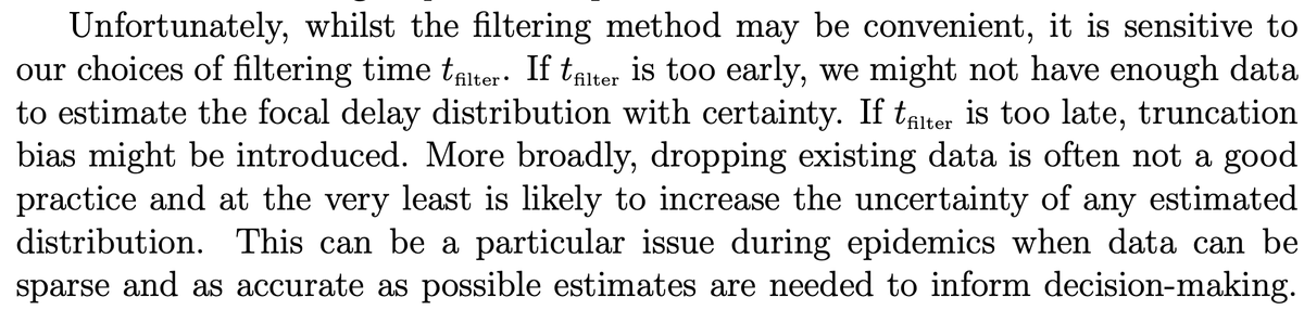 Useful new paper on estimating delay distributions during epidemics by Sang Woo Park, @seabbs and co: medrxiv.org/content/10.110… Below point is key one I think for simple methods - either you use more of your data and (often) introduce bias, or use less and get more uncertainty.