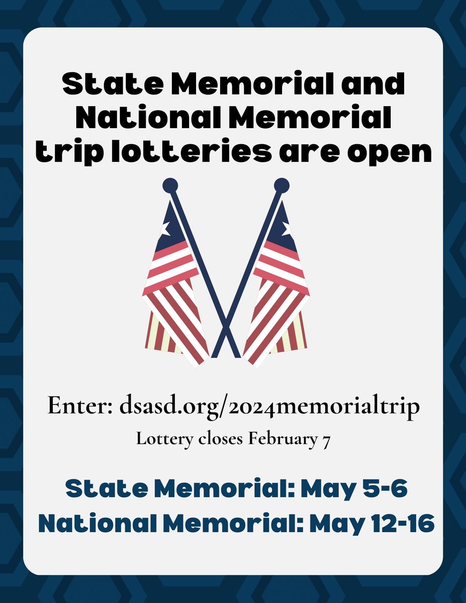 Each year the DSA sponsors 10 members to attend the State Memorial, and 6 members to the National Memorial. All Class 1 Active members are eligible to enter into the lottery for ONE trip. Members can enter until Feb 7; the drawing will be Feb 8. Info: dsasd.org/2024memorialtr…