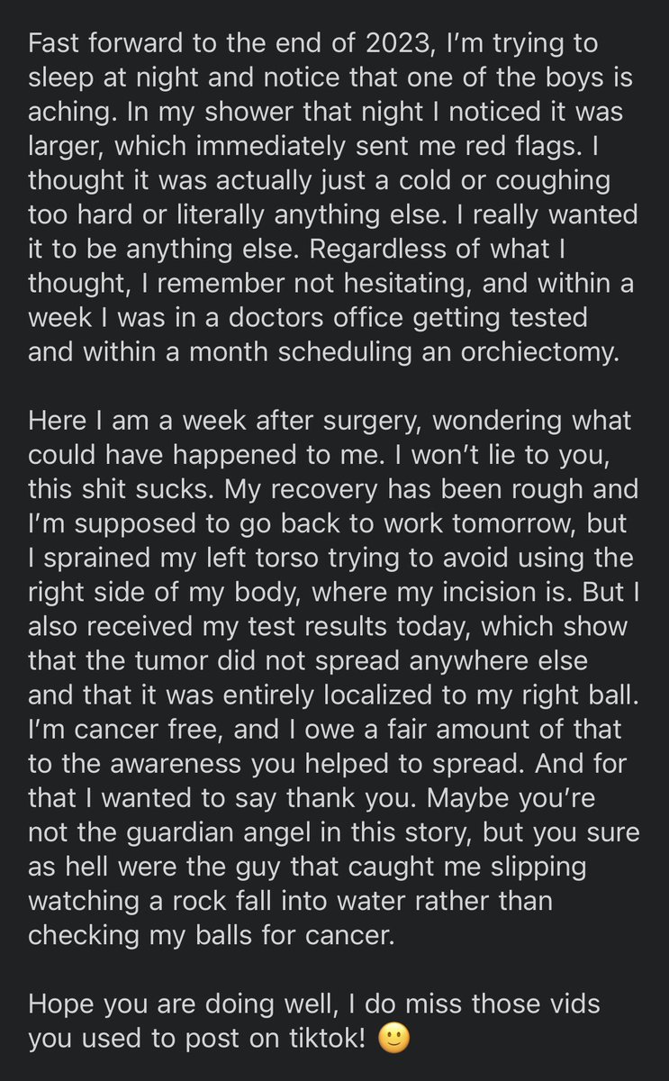 Jeremy Lindenfeld (@jeremotographs) on Twitter photo I used to run a testicular cancer awareness Tik Tok account for <a href="/SeanKimerling/">Kimerling Testicular Cancer Foundation</a> a few years ago. Today I woke up to this awesome email. I used to run a testicular cancer awareness Tik Tok account for <a href="/SeanKimerling/">Kimerling Testicular Cancer Foundation</a> a few years ago. Today I woke up to this awesome email.