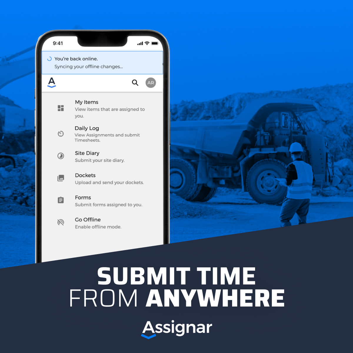 Assignar's tweet image. No signal? No problem!
With our new #offline mode, you can now create, fill out, and submit #timesheets—all without internet access.
Once your bars are back, everything you've done syncs up automatically 🙌
Check out all the details here: bit.ly/3U6h227