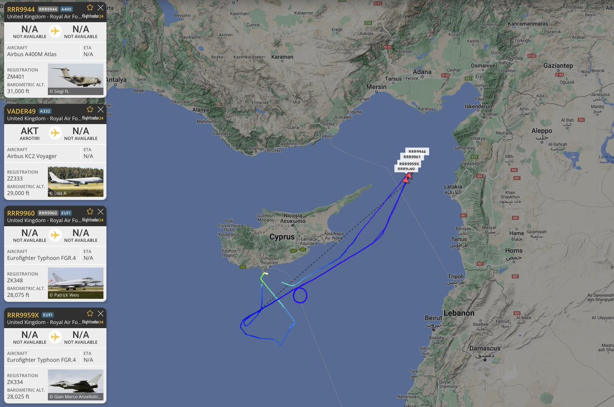 alternativewip's tweet photo. #RAF 2x eurofighter typhoons providing convoy for airbus A400M / KC2 voyager, departures from akrotiri.
looks to be heading out north of syria over south tรผrkiye, potentially intending to head out over iraq.
#RRR9944 #VADER49 #RRR9960 #RRR9959X https://t.co/uudmtx02e6