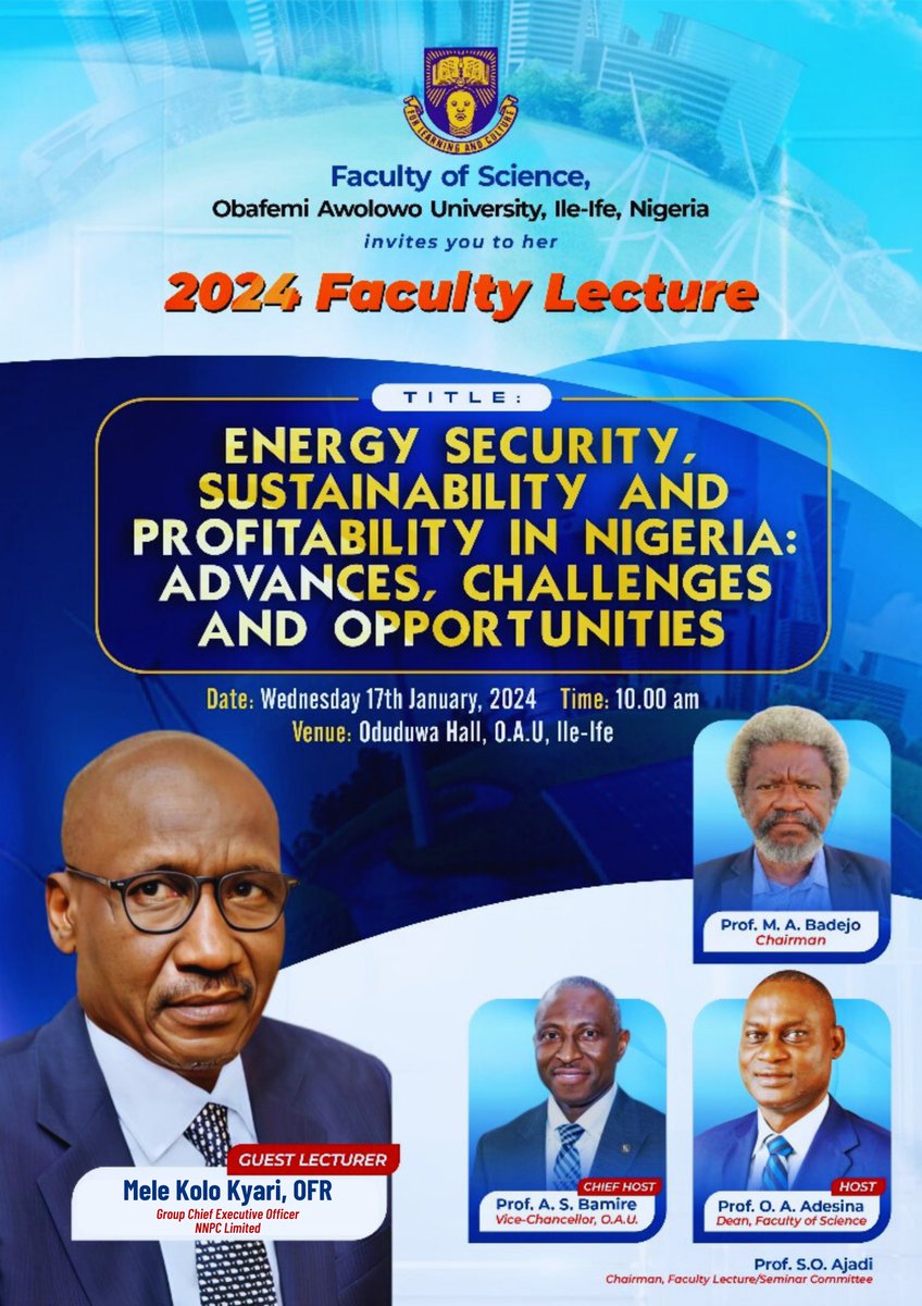 We invite you to join the Group Chief Executive Officer of NNPC Limited, @MKKyari, tomorrow at 10 AM for the 2024 Annual Lecture of the Faculty of Science at Obafemi Awolowo University, Ile-Ife, where he will be the Distinguished Lecturer. This hybrid faculty lecture is open to…